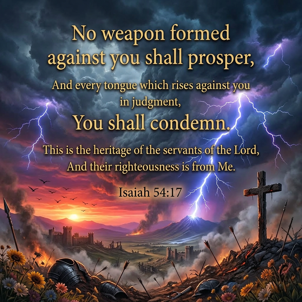 Sunrise over mountains with a cross, rainbow, flowers, and Isaiah 54:17 Bible verse