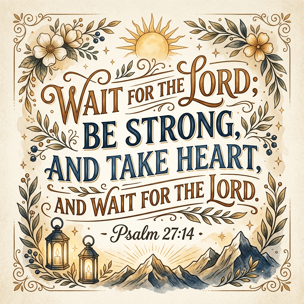 Psalm 27:14 biblical verse with sun, mountains, lanterns, and floral decorations